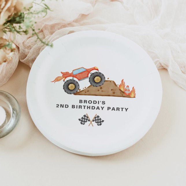 BRODI Red Monster Truck Boy Birthday Paper Plates (Creator Uploaded)