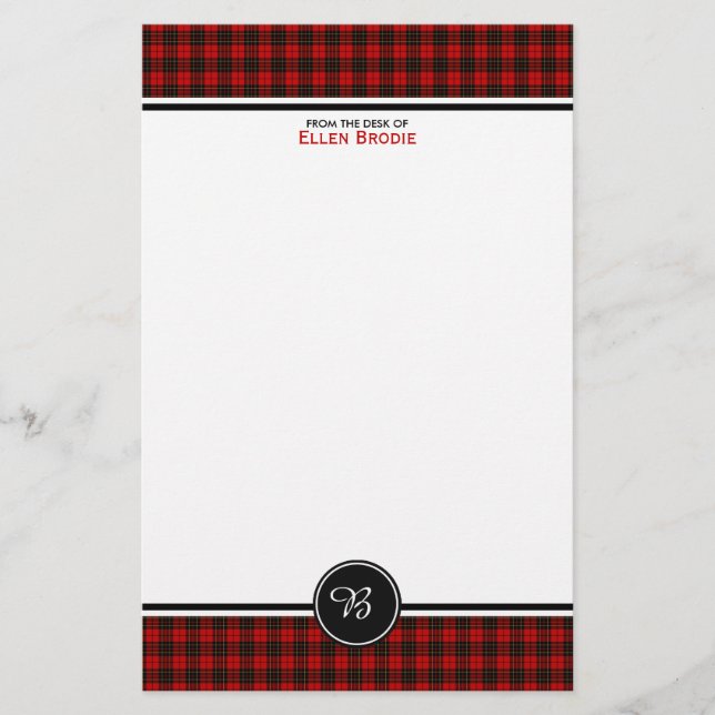 Brodie Family Tartan Red and Black Plaid Monogram Stationery (Front)
