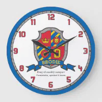 Brodie name meaning heraldry shield letter B lion Large Clock Zazzle