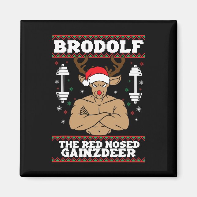 Brodolf Funny Christmas Buff Reindeer Gym Bodybuil Magnet (Front)