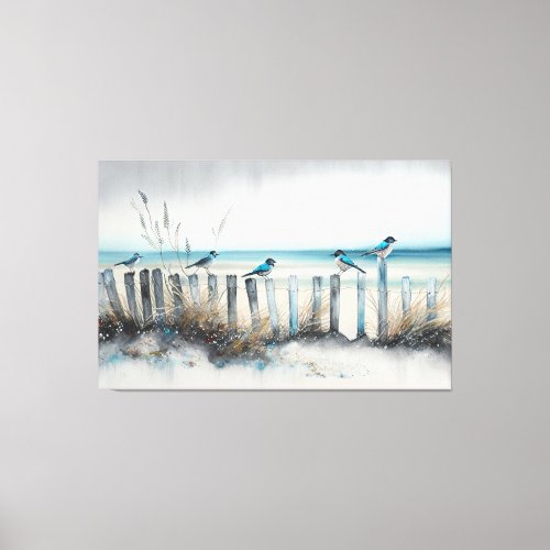 Broken Beach Fence Beach Art Ocean Birds Canvas Print