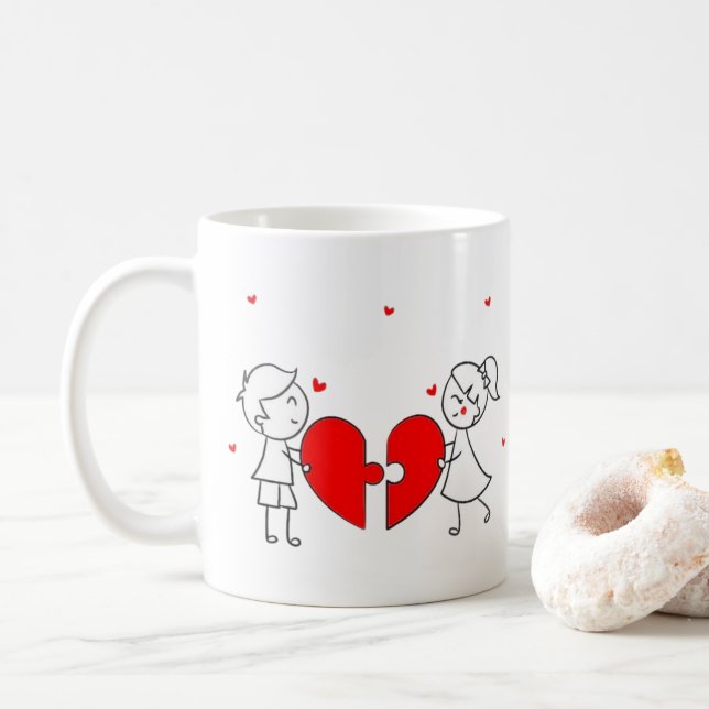 Broken Heart Couple Sad Love Cartoon Valentine Coffee Mug (With Donut)
