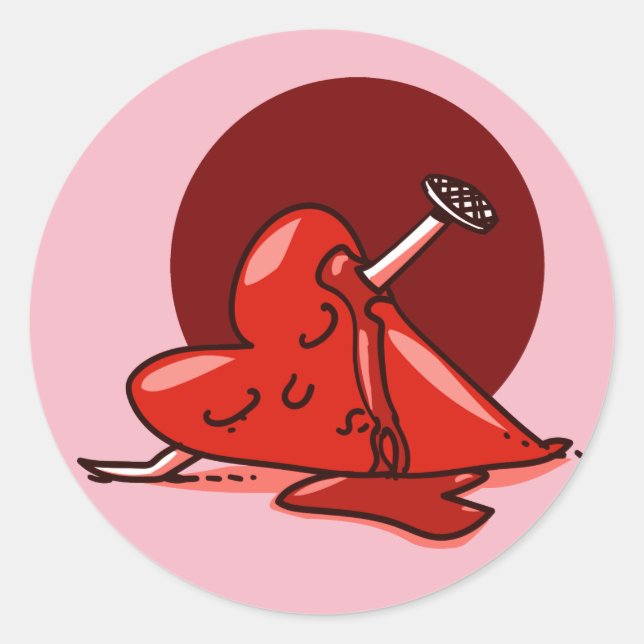 broken heart funny cartoon dead heart with nail classic round sticker (Front)