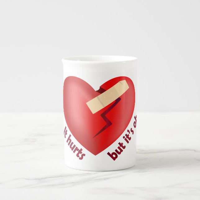 Broken heart healed with patch and life quote bone china mug (Front)