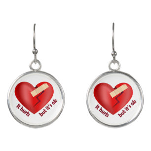 Broken heart healed with patch and life quote earrings
