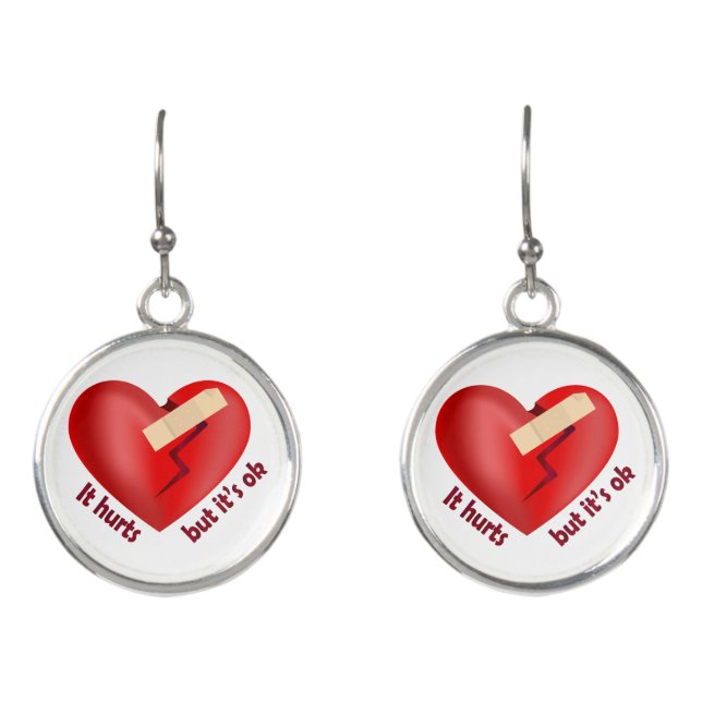 Broken heart healed with patch and life quote earrings (Front)