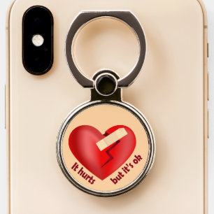 Broken heart healed with patch and life quote phone ring stand