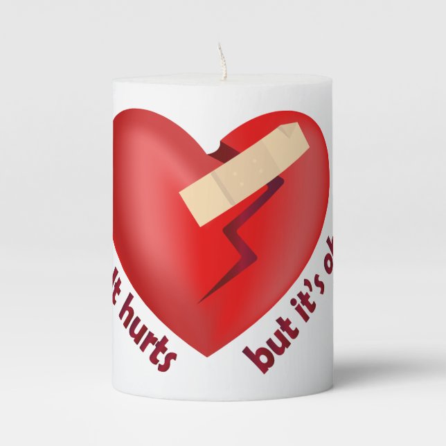 Broken heart healed with patch and life quote pillar candle (Front)