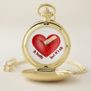 Broken heart healed with patch and life quote pocket watch