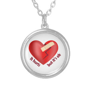 Broken heart healed with patch and life quote silver plated necklace