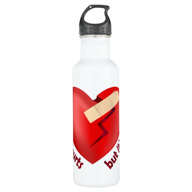 Broken heart healed with patch and life quote stainless steel water bottle (Front)