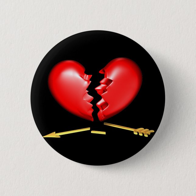 Broken heart with broken golden arrow pinback button (Front)