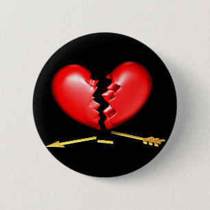 Broken heart with broken golden arrow pinback button