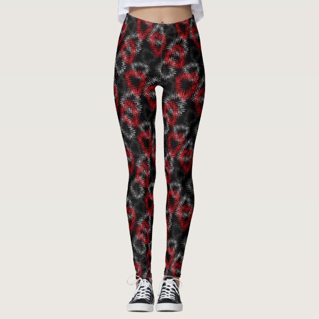 Broken hearts red and gray on black background leggings (Front)