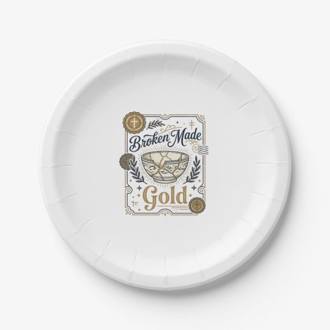 Broken Made Gold Jesus Kintsugi Broken Pottery Chr Paper Plates (Front)