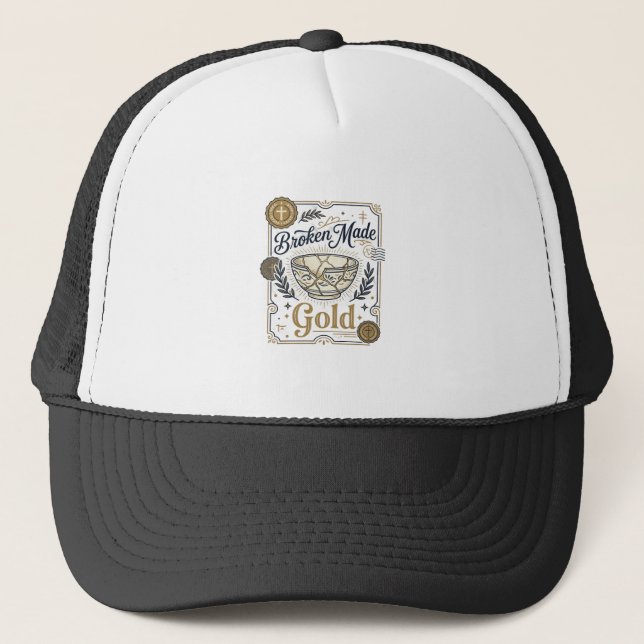 Broken Made Gold Jesus Kintsugi Broken Pottery Chr Trucker Hat (Front)