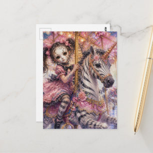 Broken Mask Girl Rides Zebra Unicorn Carousel Postcard
