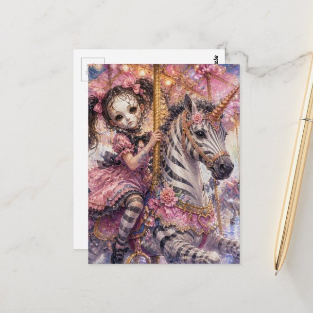 Broken Mask Girl Rides Zebra Unicorn Carousel Postcard (Front/Back In Situ)