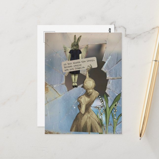 Broken People Are Not Fragile Vintage Collage Blue Postcard (Front/Back In Situ)