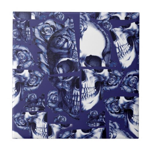 Broken up navy and white rose skulls tile