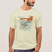 Brompton bicycle T-shirt, blue and orange.