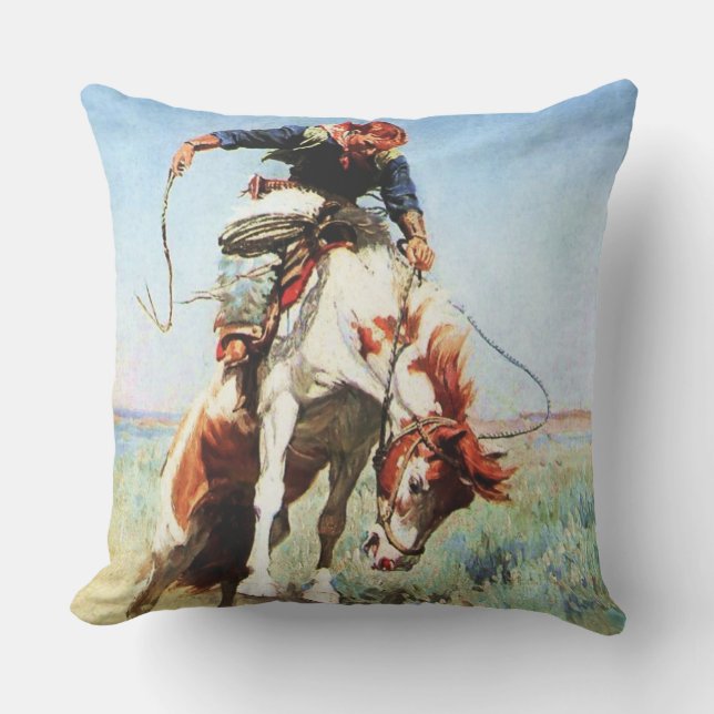 “Bronco Rider” Western Art by W Herbert Dunton Outdoor Pillow (Front)