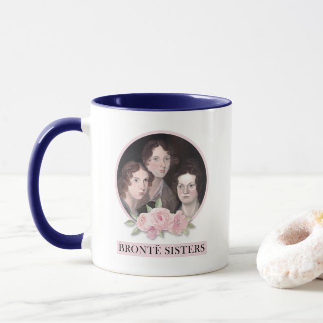 Bronte Sisters Portrait with Pink Roses Mug (With Donut)