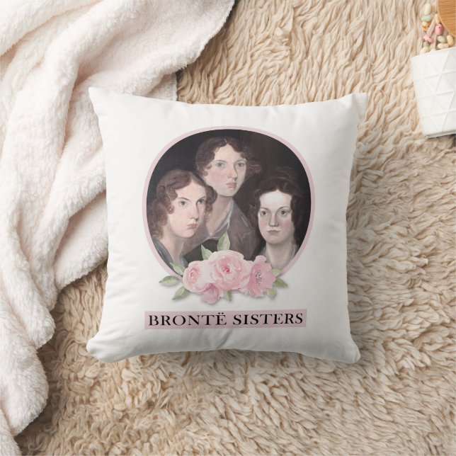 Bronte Sisters Portrait with Pink Roses Throw Pillow (Blanket)