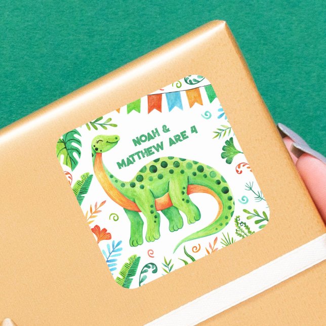 Brontosaurus Dinosaur Double Celebration Boys Square Sticker (Brontosaurus Dinosaur Joint Birthday Square Sticker)