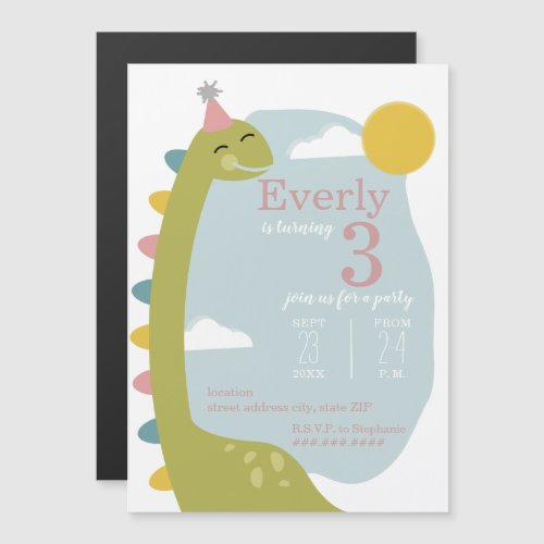 Brontosaurus Dinosaur Pink Birthday Magnetic Invitation