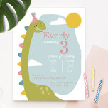 Brontosaurus Sky Dinosaur Girl's Birthday Invitation<br><div class="desc">Green brontosaurus dinosaur with pink,  blue,  and yellow plates down back wearing a party hat in front of sky with sun and clouds.</div>