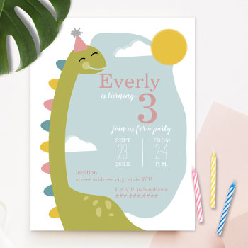 Brontosaurus Sky Dinosaur Girl's Birthday Invitation by JillsPaperie at Zazzle