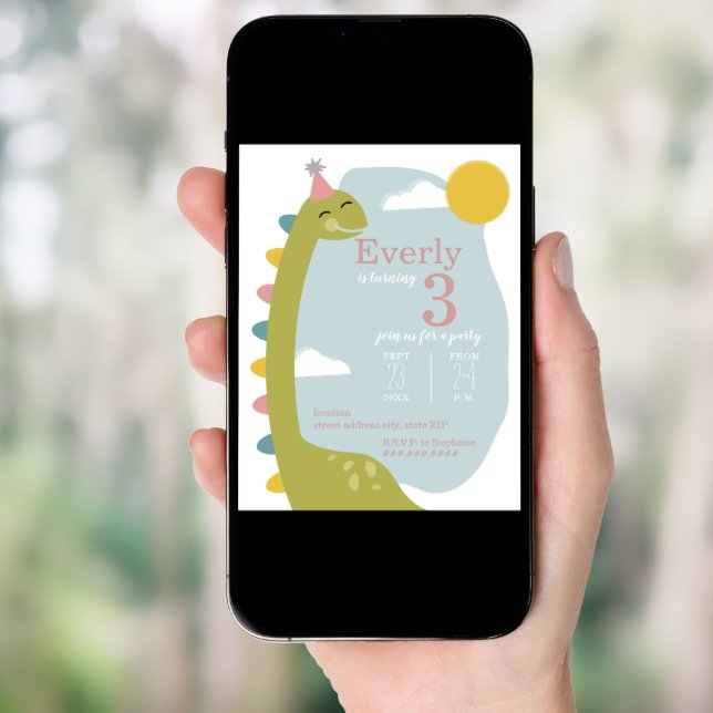Brontosaurus Sky Dinosaur Girl's Birthday Invitation (Front Digital)