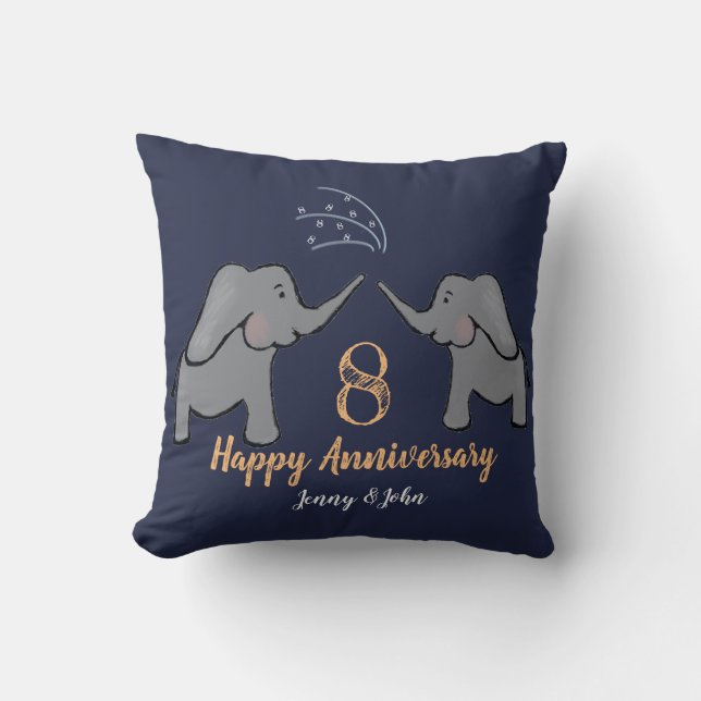 Bronze 8th wedding anniversary elephant navy throw pillow (Front)