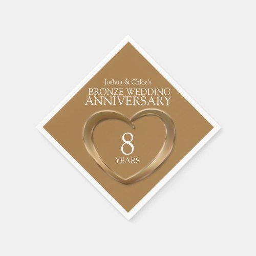 Bronze 8th Wedding Anniversary heart names napkins