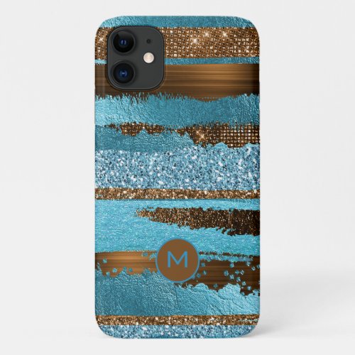 Bronze and Aquamarine Foil and Glitter Stripes iPhone 11 Case