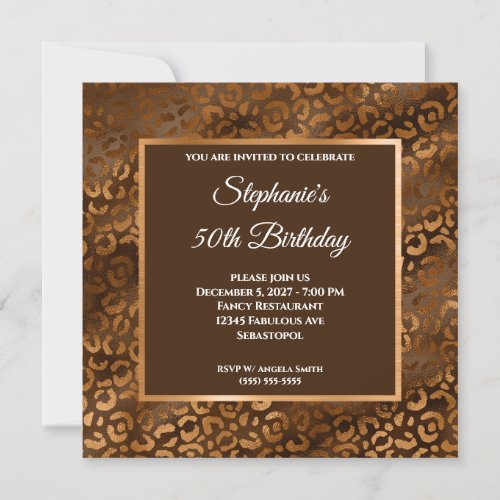 Bronze and Brown Foil Leopard Glam 50th Birthday Invitation