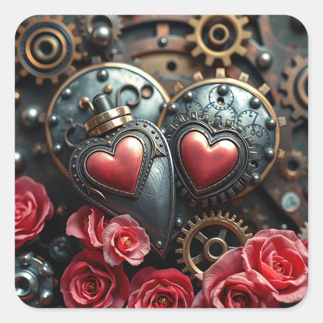 Bronze and Gold Metal Heart and Gears Steampunk Square Sticker (Front)
