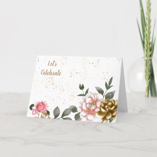 Bronze and Pink Watercolor Peony Speckled Birthday Card