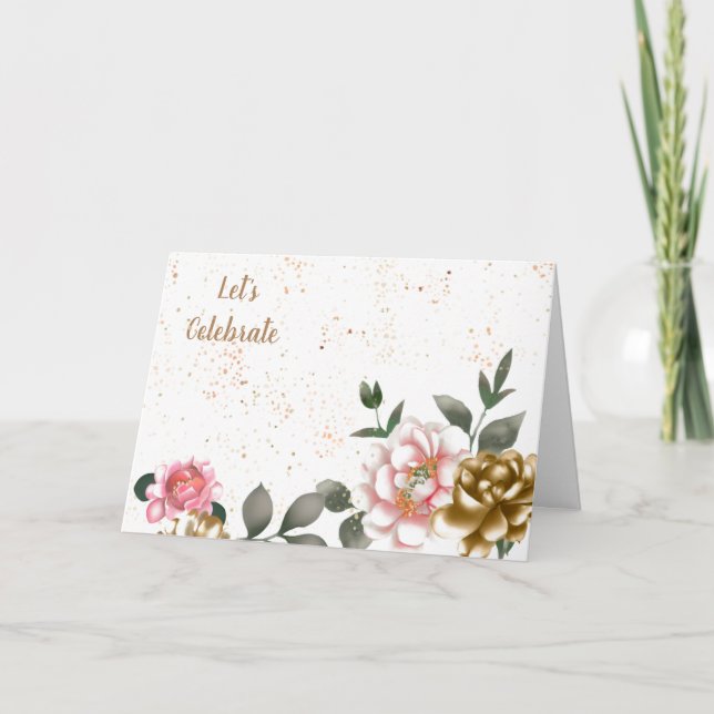 Bronze and Pink Watercolor Peony Speckled Birthday Card (Front)