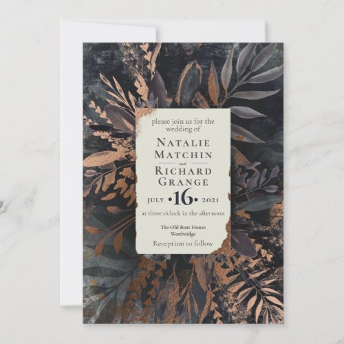 Bronze and Slate Moody Bouquet Wedding Invitation