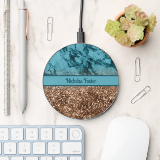 Bronze and Turquoise Marble Shimmer Personalized Wireless Charger