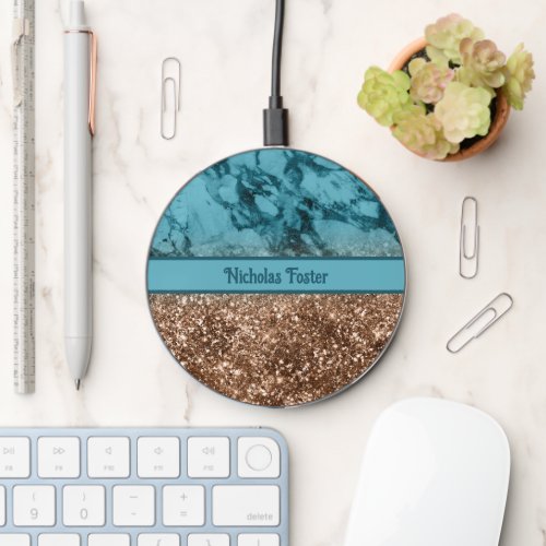 Bronze and Turquoise Marble Shimmer Personalized Wireless Charger