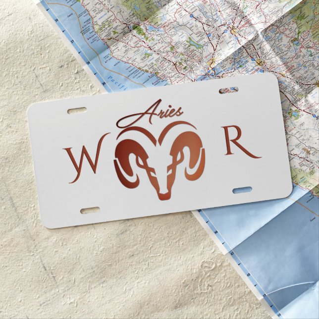 Bronze Aries the Ram Zodiac Monogram License Plate (In Situ)