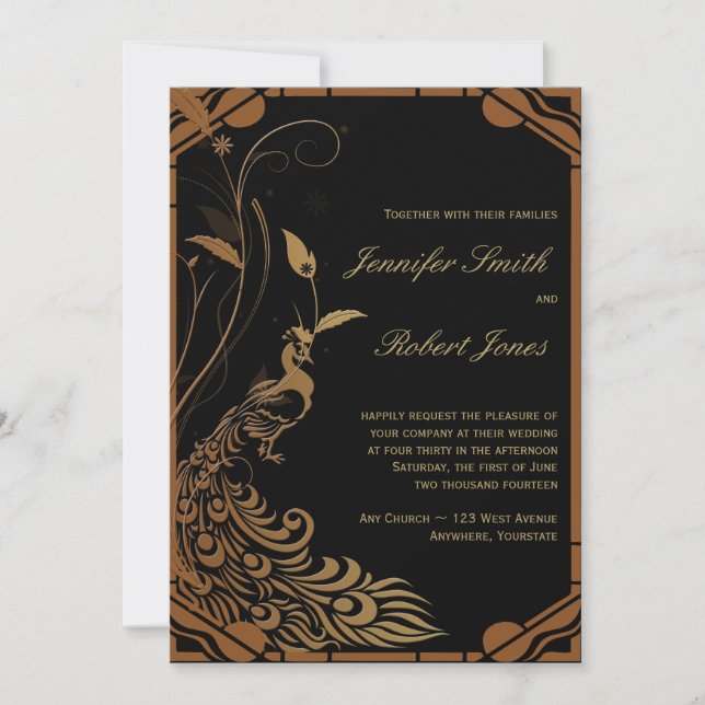 Bronze Art Deco Peacock Floral Wedding Invitation (Front)
