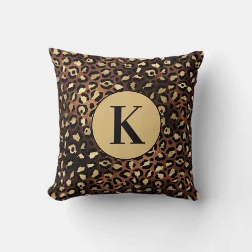 Bronze BlackCheetahLeopard Print Monogram Name Throw Pillow