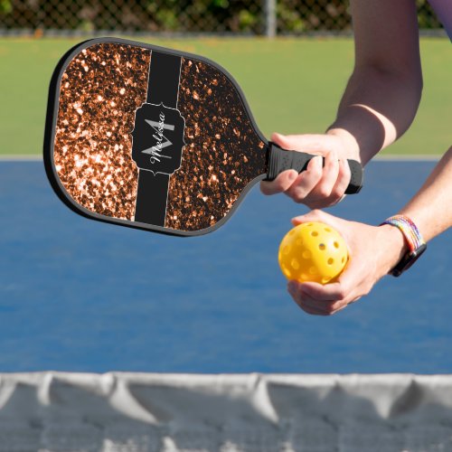 Bronze brown copper faux glitter sparkles Monogram Pickleball Paddle