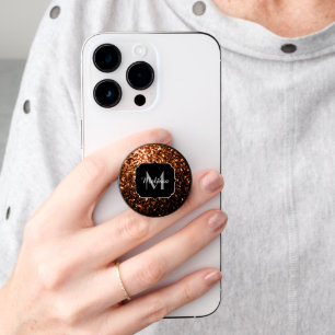 Bronze brown copper faux glitter sparkles Monogram PopSocket