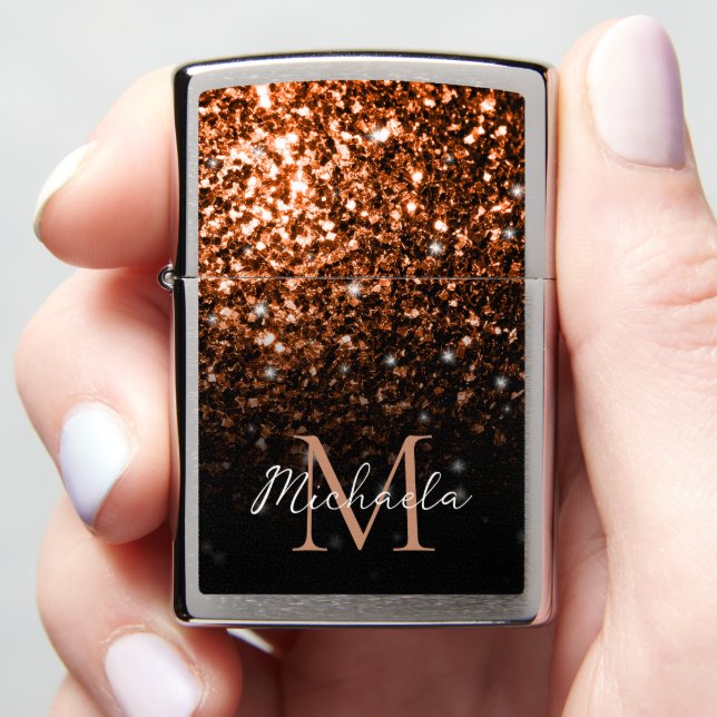 Bronze brown copper faux glitter sparkles Monogram Zippo Lighter (In Hand)