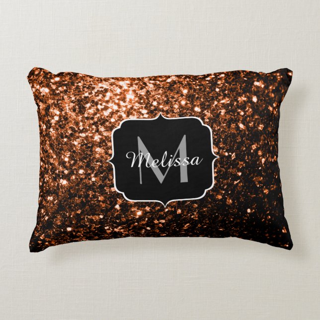 Bronze brown copper faux glitters sparkle Monogram Accent Pillow (Front)